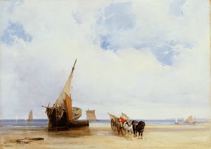 1825年頃のトルービル近くの浜辺の船とワゴン（帆布に油彩） 作： Richard Parkes Bonington