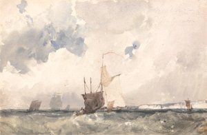 波打つ海の船（紙に引っかき傷のある水彩画）