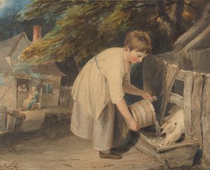豚に餌をやる少女、1800年。