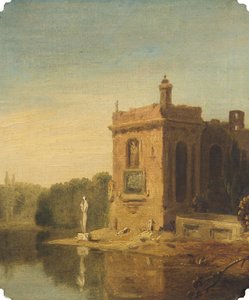 パビリオンと彫像のある湖、イタリア（キャンバスに油彩） 作： Richard Wilson