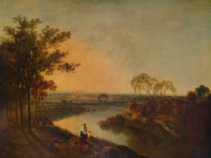 夕暮れのイングリッシュリバー、ウェールズの丘、c1760、1938 作： Richard Wilson