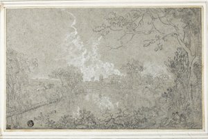 イートンホール近くのディー川のほとり、チェシャー、1759年頃（カードに置かれた青いレイドペーパーに黒と白のチョーク） 作： Richard Wilson