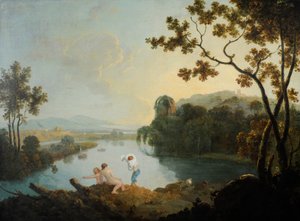 男の子が入浴する古典的な風景（キャンバスに油彩） 作： Richard Wilson