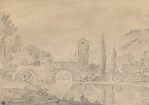 3 つのアーチ型の橋、ブリッジハウス、近くの銀行の人物、遠くの銀行のポプラのあるイタリアの風景 作： Richard Wilson