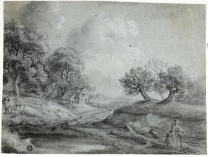 女と牛のいる風景 (黒チョークに切り株、白チョークで強調、青地紙) 作： Richard Wilson