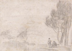 ミネルバ神殿の廃墟?、川岸に描かれた二人の人物 作： Richard Wilson