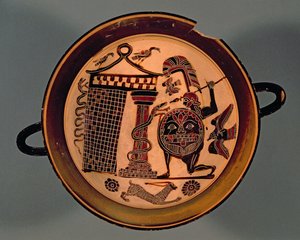 蛇を攻撃する戦士を描いたラコニアの黒像式カップ、紀元前6世紀（陶器）