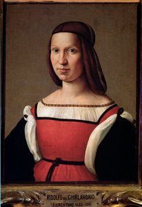 パフスリーブの赤いドレスを着た下層階級の女性の肖像（絵画 作： Ridolfo Il  Ghirlandaio