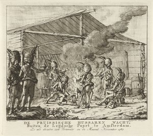 1787 年、アムステルダムの Leidse Poort で待機するプロイセンの軽騎兵 プロイセンの軽騎兵が待つ、アムステルダムの Leijdsche Poort の外 (...) (オブジェクトのタイトル)