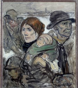 The exodus 道路を走る移民の家族。ロベール・ノワール（1864-1931）の絵画 20世紀 ヴァーノン、プーラン美術館蔵 作： Robert  Noir