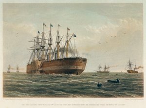 航行中の「グレート・イースタン号」1860年頃（カラーリトグラフ） 作： Robert (after) Dudley