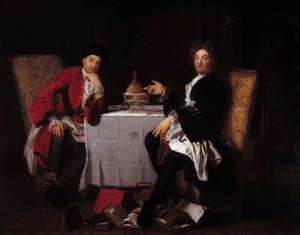 二人のエピキュリアン 二人の哲学者がテーブルに向かって話をしている。ロベール・トゥルニエール（1668-1752）の作とされる絵画 18世紀 Caen, musee des Beaux Arts 作： Robert (attr. to) Tournieres