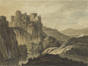 崖の上の城のある川の風景、1780 作： Robert Adam