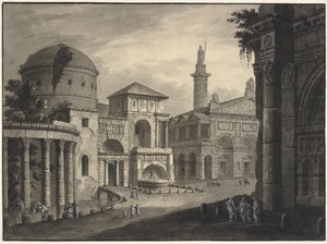 広場と多くの建物があり、部分的に廃墟となっている古代都市の建築ファンタジー 作： Robert Adam