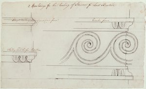 階段のモールディングのデザイン、Headfort House、1772（紙の黒鉛の上にペンと黒のインク）