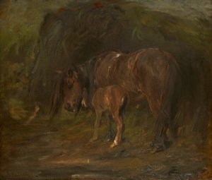 牝馬と仔馬 (キャンバスに油彩) 作： Robert Alexander