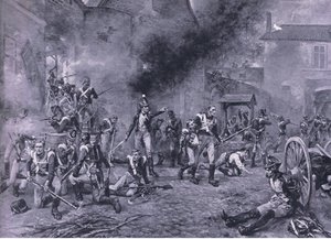 1815年6月18日のウーグモンの防衛、イギリスの陸と海の戦い、1915年のイラスト 作： Robert Alexander Hillingford