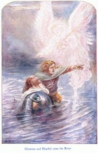 クリスチャンとホープフルが川を渡る、John F Shaw & Co 発行の The Pilgrims Progress から、1900 年代頃 (色リソ)