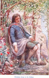 Christian sleeps in the arbour, from The Pilgrims Progress published by John F Shaw & Co, c.1900