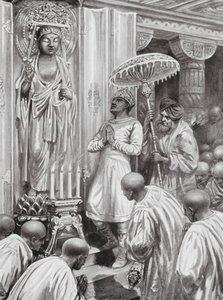 カニシカ、大乗仏教（北方仏教）を開く、AD100年（リトグラフ） 作： Robert Ambrose Dudley
