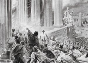 アレクサンドリアの図書館の焼失、西暦391年（リトグラフ） 作： Robert Ambrose Dudley