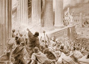 391 ADのアレクサンドリアでの図書館の焼失、「Hutchinsons History of the Nations」のイラスト、1910年頃（リソ）