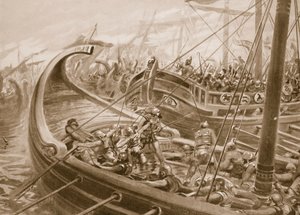 フォカエン艦隊がカルタゴ人を打ち負かす、「ハッチンソンの国家の歴史」のイラスト、1910-15年頃（リソ） 作： Robert Ambrose Dudley