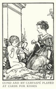 キューピッドと私のカンパスペがキスのためにカードで遊んだ（リトグラフ 作： Robert Anning Bell
