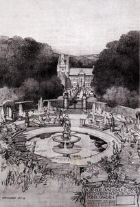 池の庭から見たピッテンクリーフの家、トーマス・モーソンの「都市計画の研究」より 作： Robert Atkinson