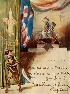 スカウト登録カードのデザイン、1944 年。 作： Robert Baden Powell