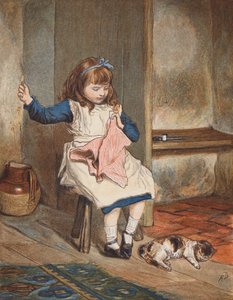 縫い物をする少女と足元の猫（カラーリトグラフ） 作： Robert Barnes