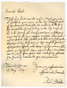 1654年8月25日、ロバートブレイク提督から海軍長官への手紙。 作： Robert Blake