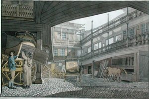 グレースチャーチ・ストリートのスプレッド・イーグルの庭の眺め、馬車と馬が餌を与えているところ 作： Robert Blemell Schnebbelie