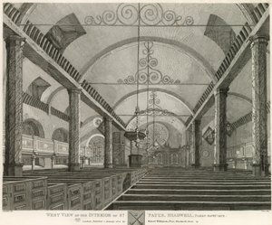 1817年に取り壊されたロンドンのシャッドウェルのセントポールズ内部の西側の景色 作： Robert Blemell Schnebbelie