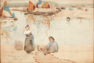 港の壁の人物、ブルターニュ（水彩） 作： Robert Brough