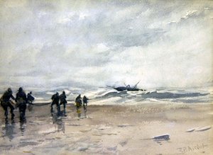 遭難した漁船を引っ張る漁師（水彩・紙） 作： Robert Buchan Nisbet
