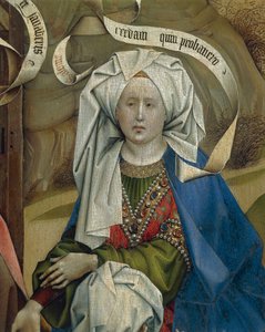 キリスト降誕の女性を表す詳細、フレマル ロバート カンピン (1375/1379-1444) のマスター、パネルに油彩、1420 年頃 作： Robert Campin
