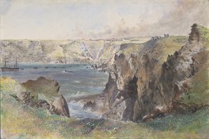 バレンシア州フォイルフンメルム湾、クロムウェル砦より: 1865 年 7 月 21 日にアース線を敷設するキャロライン号。 作： Robert Charles Dudley