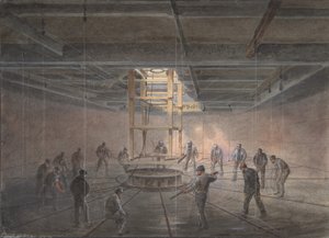 グレート イースタン号に搭載されたタンクの 1 つの内部: ケーブルの通過、1865-66 年。 作： Robert Charles Dudley