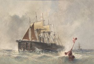 1865 年 8 月 8 日、1865-66 年にグレート イースタン号の船首からブイを発射。 作： Robert Charles Dudley