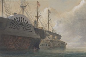 古いフリゲート艦アイリスとケーブルの貨物をシーアネスのグレート イースタン号と並べて..、1865 年。 作： Robert Charles Dudley