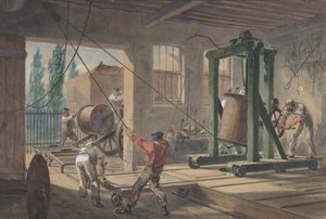 工場でタンクに運ばれるガッタパーチャで覆われた導線のリール...、1865-66。 作： Robert Charles Dudley