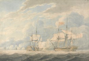 1797 年 10 月 11 日のキャンパーダウンの戦いで、デ ウィンター提督率いるオランダ中将がダンカン提督率いるイギリスのオンスロー中将に旗をたたきつけている 作： Robert Cleveley