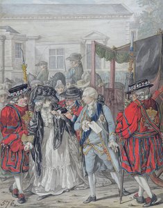 1786 年 8 月 2 日、セント ジェームズ宮殿の庭の入り口で、陛下の暗殺を試みるマーガレット ニコルソン、ジョージ 3 世 (1738-1820) (紙に鉛筆、ペン、黒インク、水彩、ボディカラー)