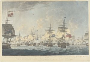 カンパードゥインの戦い (1797): イギリス艦隊による攻撃 1797 年 10 月 11 日の正午のイギリス艦隊の眺め、オランダ艦隊を攻撃するために降下中 (...) (オブジェクトのタイトル) 作： Robert Dodd