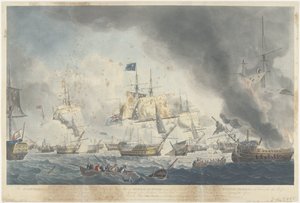 カンパードゥインの戦い (1797): バタビア艦隊の敗北 オランダ艦隊は 1797 年 10 月 11 日の午後に敗北し、デ ウィンター提督の旗艦がマストを外された (...) (オブジェクトのタイトル) 作： Robert Dodd