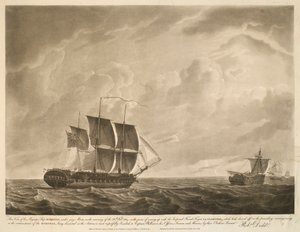 この眺めは、1814年2月26日の朝、前日の夕方に離岸したフランス帝国フリゲート艦ラ・クロランデに接近しようとしていた、水軍マスト下の陛下の船ユーロタスのものである。 作： ロバート・ドッド