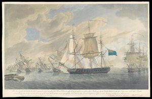 シャレント川河口に座礁した敵艦隊の眺め、19世紀初頭（アクアチント、手彩色エッチング） 作： Robert Dodd