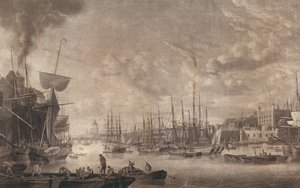 1793年にロンドン塔の近くに停泊したボートからロンドンブリッジに向かっての眺め（アクアチント） 作： Robert Dodd