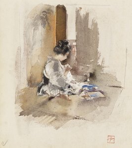 日本の女の子の縫製、1890年 作： Robert Frederick Blum